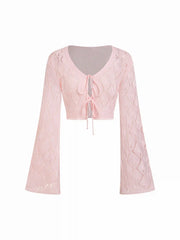Knit Textured Bell Sleeve Cardigan With Tie Front Bow