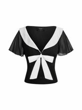Chiffon Colorblock Collar Ruffle Sleeve Ruched Bowknot Blouse