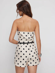 Satin Polka Dot Bandeau Mid Rise Romper With Belt