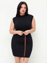 Knit Stand Collar Straight Mini Dress With Belt Curve & Plus
