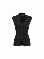 Knit V-neck Solid Button Split Tank Top With Scarf