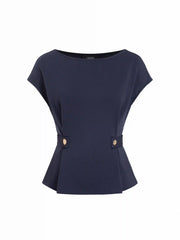 Boat Neck Metal Button Top & Mid Rise Pleated Straight Leg Trousers Set