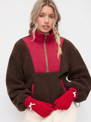 Fleece Stand Collar Colorblock Drawstring Oversized Sweatshirt