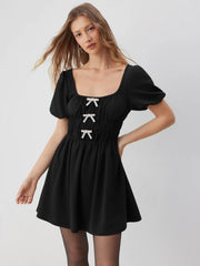 Square Neck Rhinestone Bowknot Flared Mini Dress