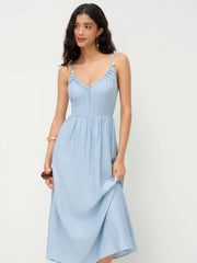 Linen-blend Beaded Criss Cross Backless Maxi Dress