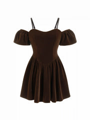 Velvet Off-shoulder Puff Sleeve Lace Up Mini Dress