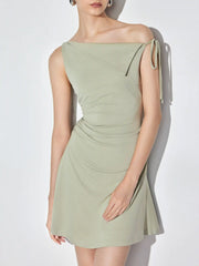 Asymmetrical Neck Ruched Bowknot A-line Mini Dress