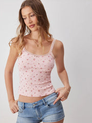 Cotton-blend Floral Square Neck Lace Trim Cami Top