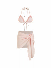Textured Halter Neckline Striped Lettuce Trim Triangle Bikini Set With Sarong