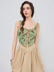 Floral & Butterfly Lace Up Crop Tank Top