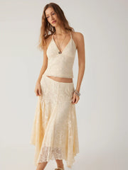 Lace V-neck Halter Neck Top & Asymmetrical Ruffle Midi Skirt Set