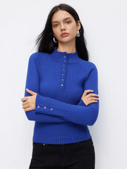 Knit Collar Button Long Bell Sleeve Top