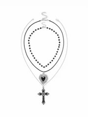 HEART & CROSS & BEADED LAYERED NECKLACE
