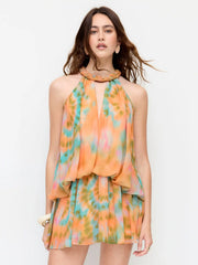 Chiffon Tie Dye Twist Knotted Halter Neck Flared Mini Dress
