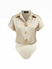 Satin Collar Short Sleeve Metal Detail Blouse Bodysuit