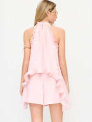 Chiffon Halter Neck Ruffled Top & Mid Rise Shorts Set