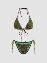 Halter Neckline Shirred Floral Triangle Tie Side Bikini Set