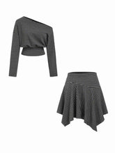 Cotton-blend Asymmetrical Neck Stripe Top & Mid Rise Hanky Hem Midi Skirt Set