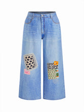 Cider Denim Mid Rise Fish & Floral Appliques Washed Baggy Jeans Curve & Plus