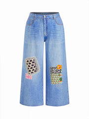 Cider Denim Mid Rise Fish & Floral Appliques Washed Baggy Jeans Curve & Plus
