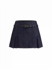 Denim Low Rise Buckle Mini Skirt With Belt