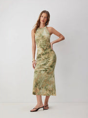 Velvet Halter Neckline Floral Ruched Maxi Dress