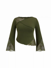 Cotton-blend Boat Neck Lace Patched Asymmetrical Hem Bell Sleeve Top Curve & Plus