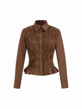 Cotton-blend Collar Shirred Ruffled Hem Blouse