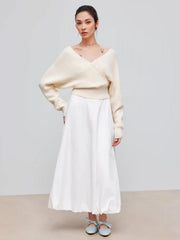 Knit V-neck Solid Wrap Crop Long Sleeve Top
