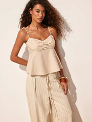 Sweetheart Drawstring Cami Top and Striped Wide-Leg Pants Set