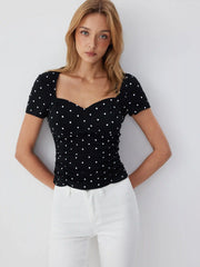 Cotton-blend Polka Dot V-neck Ruched Short Sleeve Top