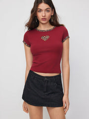 Cotton-blend Leopard Heart Applique Short Sleeve Tee