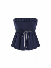 Cotton-blend Lettuce Trim Knotted Ruched Bandeau Top