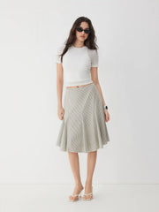 Cotton-blend Mid Rise Striped Pleated A-line Midi Skirt