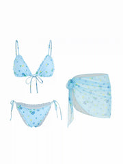 V-neck Floral Lettuce Trim Tie Side Triangle Bikini Set With Sheer Sarong