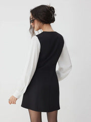 Cotton V-Neck Colorblock Pleated Zipper Lantern Sleeve Mini Dress