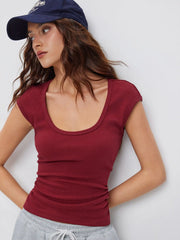 Cotton-blend U-neckline Ruched Tee