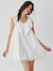 Cotton V-neck Ruffle Sleeve Lace Panel Babydoll Mini Dress