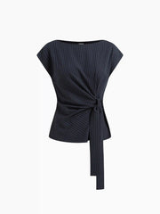Boat Neck Stripe Knotted Oversized Top