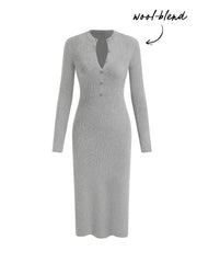 Knit Wool-blend Round Neckline Long Sleeve Button Midi Dresses