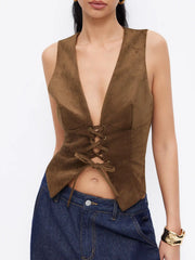 Suede V-neck Lace Up Blazer Vest