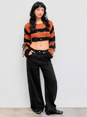 Knit Boat Neckline Striped Lace Up Ripped Crop Top