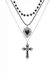HEART & CROSS & BEADED LAYERED NECKLACE