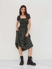 Square Neck Plaid Lettuce Trim Shirred Knotted Maxi Dress