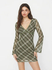 V-Neck Plaid Lace Trim Bell Sleeve Mini Dress