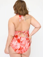Floral Halter Neck Peplum Top & Mid Rise Shorts Bikini Set With Ruched Cover Up Skirt Curve & Plus