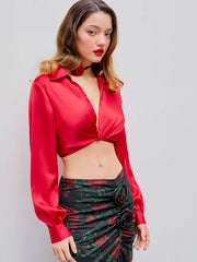 V-neck Solid Twist Long Sleeve Crop Shirt