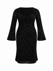Velvet Zebra Striped Sweetheart Neck Bell Sleeve Knotted Midi Dress Curve & Plus