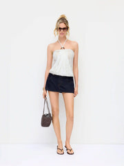 Textured Lace Halter Neckline O-Ring Draped Longline Top