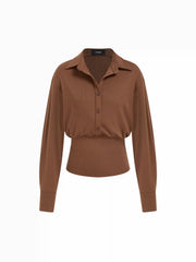 Collar Button Cinched Waist Long Sleeve Top